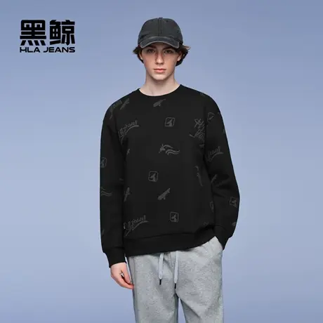 海澜之家旗下黑鲸满身印花圆领卫衣男2025年春季新品潮酷宽松长袖图片
