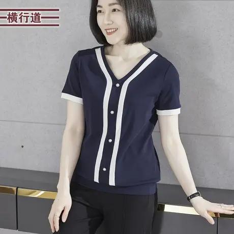 简约休闲撞色V领排扣宽松短袖T恤女装外穿大码上衣服2023夏季新款商品大图