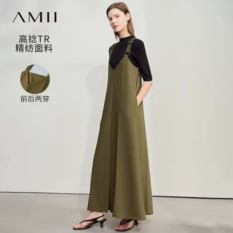 Amii2025夏新款休闲风前后两穿背带裙连衣裙女牙签褶口袋开叉裙子商品大图