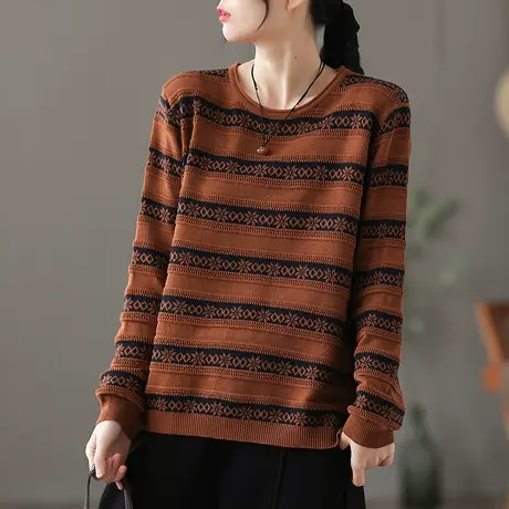 dza 休闲圆领套头棉线针织衫女士秋冬内搭短上衣宽松显瘦打底毛衣商品大图