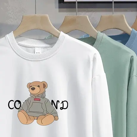 春秋款卫衣男潮牌小熊印花白色长袖t恤加绒宽松圆领套头无帽上衣图片