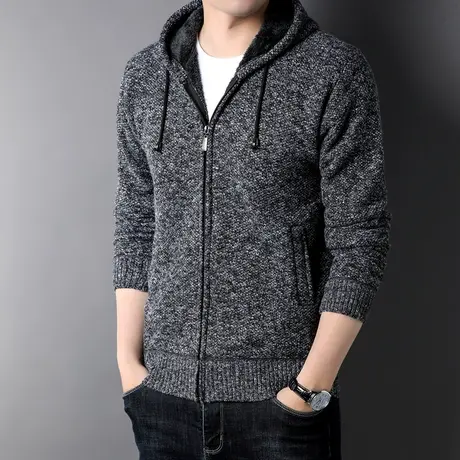 秋冬季开衫外套男士韩版加绒加厚针织衫外穿加肥加大连帽夹克男装商品大图