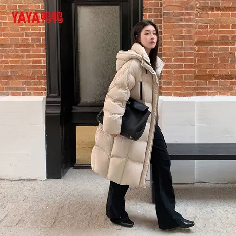 YAYA鸭鸭2024冬季韩版新款长款羽绒服女连帽保暖拉链外套宽松休闲商品大图