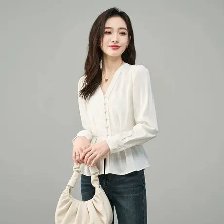娅丽达法式设计感抽绳收腰衬衫女春秋新款通勤优雅短款小衫女商品大图