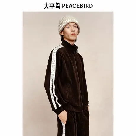【商场同款】太平鸟男装 潮流撞色灯芯绒棕色开衫卫衣男B1CRE4325商品大图
