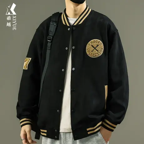 美式复古棒球领夹克外套男秋款宽松大码创意毛巾绣潮牌开衫上衣男商品大图