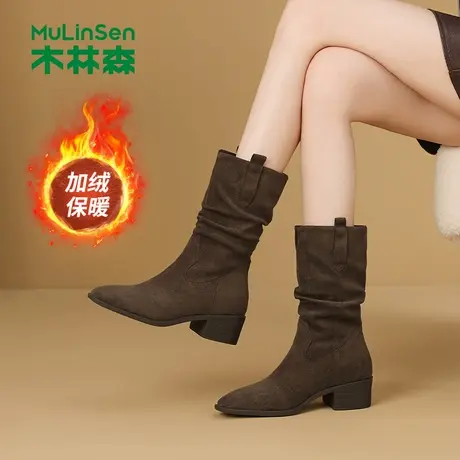 木林森女鞋2025冬季新款加绒保暖褶皱堆堆瘦瘦靴英伦风加绒保暖靴图片