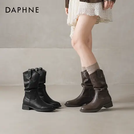 达芙妮美拉德短靴女2026新款秋冬季棕色加绒西部中筒靴堆堆骑士靴图片