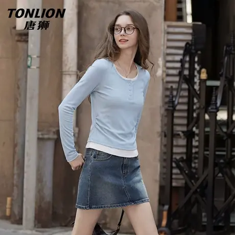 唐狮官方假两件长袖t恤女2026新款春季法式小资修身打底衫上衣VC图片