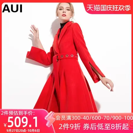 红色毛呢外套设计感女小众秋冬2023新款赫本收腰长款过膝呢子大衣商品大图