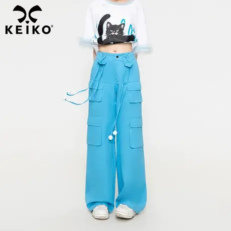 KEIKO 设计感蓝色直筒工装裤阔腿裤2023夏季美式辣妹显瘦牛仔长裤商品大图