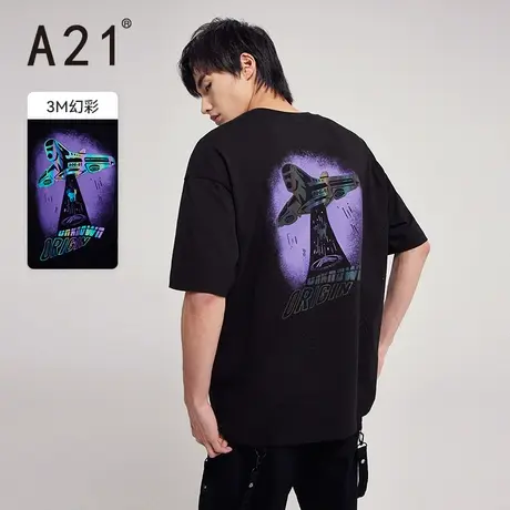 A21outlets男装宽松圆领黑色短袖T恤夏季款印花潮牌男士T纯棉上衣图片