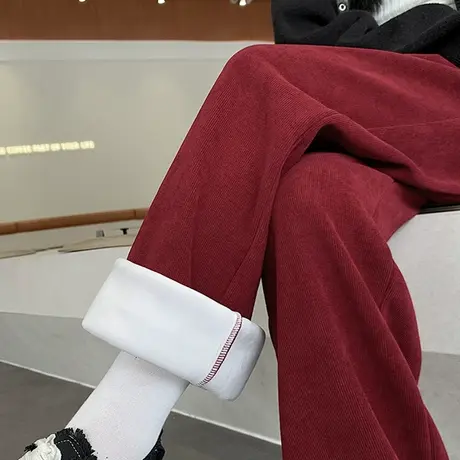 红色加绒加厚灯芯绒阔腿裤女冬季新款高腰垂感雪尼尔拖地休闲长裤图片