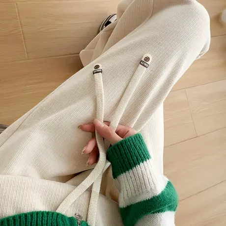 米白色针织裤毛线裤子女秋冬加厚加绒外穿宽松休闲裤阔腿裤糯米裤商品大图