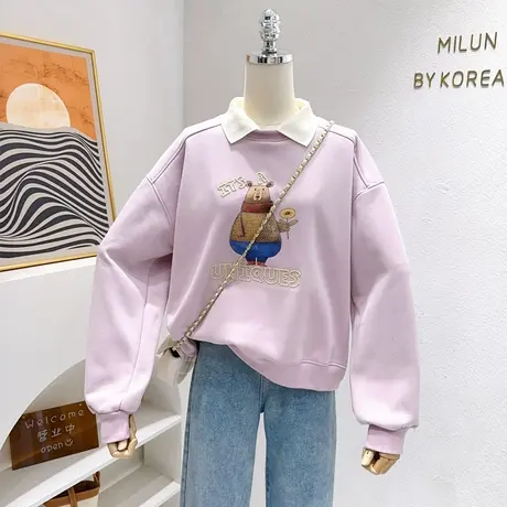 ins学院风奶油粉色上衣韩国东大门小熊polo领加绒卫衣秋冬小个子图片