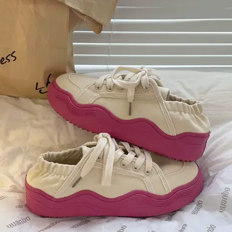 火龙果色帆布鞋女2023夏季新款懒人鞋百搭松紧后跟两穿半拖小白鞋图片