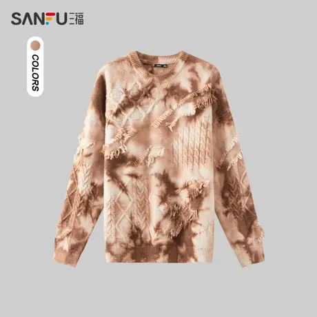 三福2023冬男士满版斑驳大廓形毛衣 废土风宽松圆领上衣478811商品大图