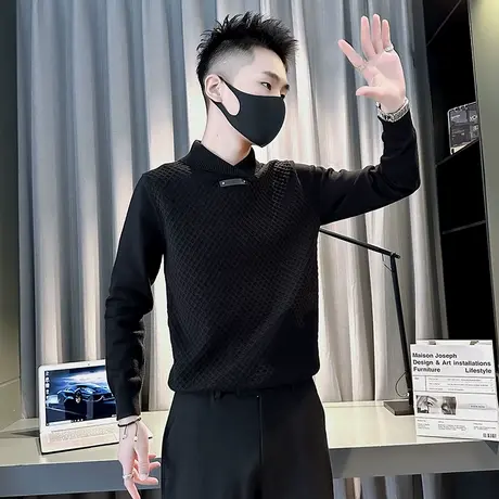 个性毛衣男秋冬季2023纯色小众简约设计感华夫格打底线衣针织衫图片