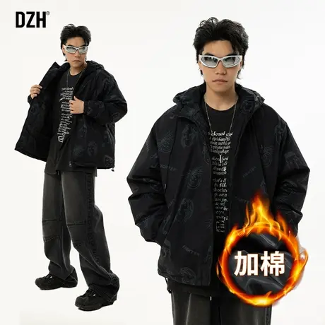 男士满印冬季外套男棉服高级感痞帅2023新款美式保暖棉衣夹棉夹克商品大图