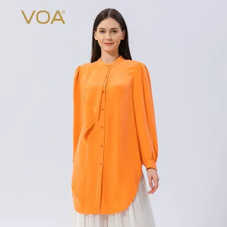 VOA真丝30姆米重磅立领拼接活页不对称设计纽扣褶皱桑蚕丝衬衫图片