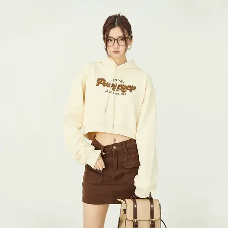 YEP复古字母印花连帽卫衣女2023新款设计感小众小个子短款上衣ins图片