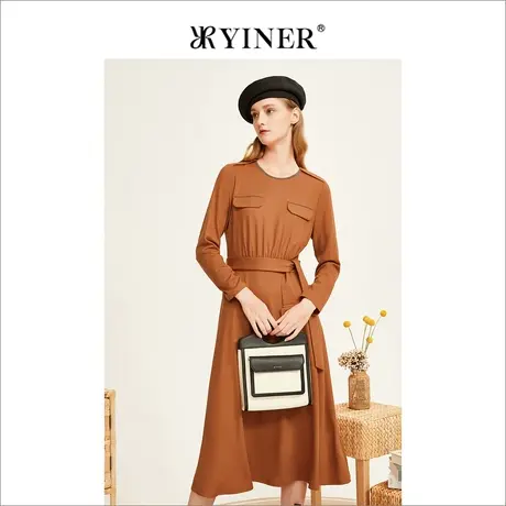 YINER音儿女装冬季法式优雅系带收腰羊毛A字连衣裙图片