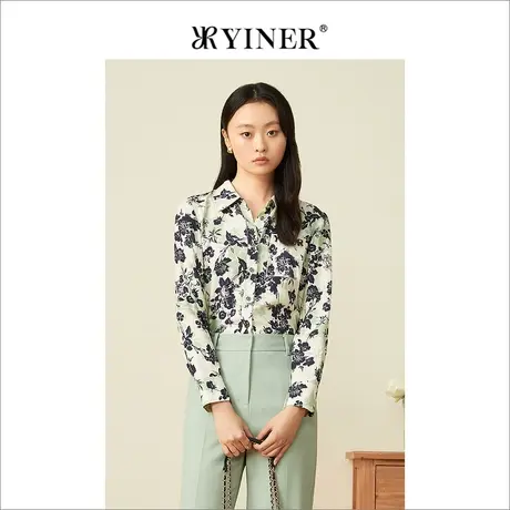 YINER音儿女装春季时尚碎花印花POLO领蚕丝衬衫上衣商品大图