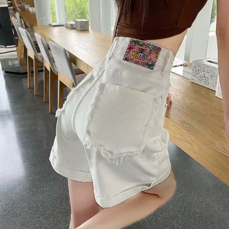 白色牛仔短裤女夏季薄款高腰显瘦a字小个子宽松直筒卷边5五分中裤商品大图