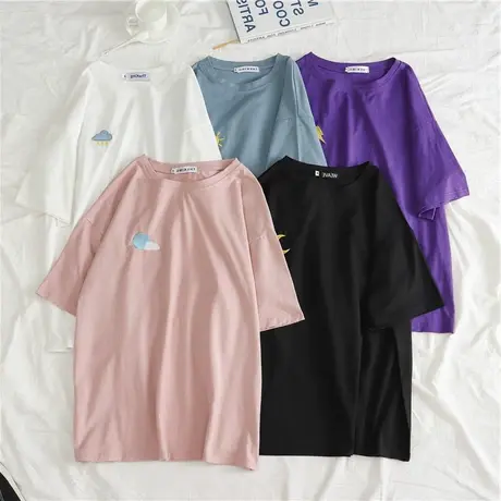 短袖t恤女夏季学生韩版宽松圆领洋气刺绣百搭原宿风上衣潮流女装图片