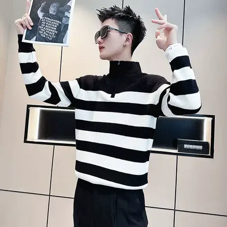 半高领拉链毛衣男秋冬小众韩版休闲INS撞色条纹针织衫外套POLO衫商品大图