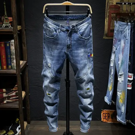 牛仔裤男修身韩版潮流宽松夏季新款潮牌破洞小脚休闲裤子男士男生商品大图