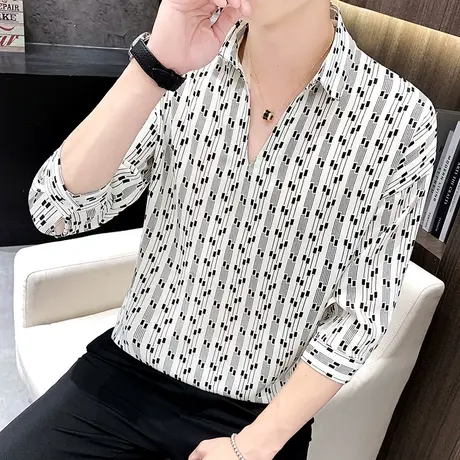 衬衫领短袖t恤男夏季薄款冰丝翻领上衣潮流套头V领七分袖宽松衬衣商品大图