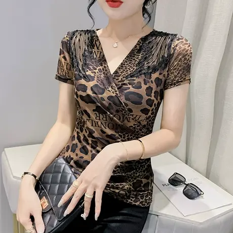 网纱拼接豹纹T恤女短袖2023欧货性感交叉V领上衣修身百搭洋气上衣商品大图