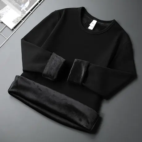长袖t恤男装加绒加厚纯色黑色打底衫秋冬保暖内搭圆领上衣服体恤商品大图