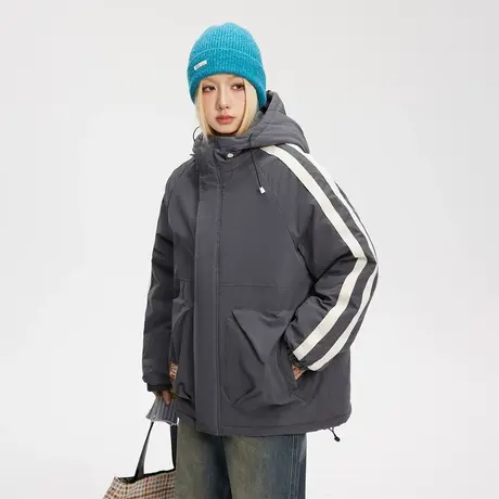 美式复古运动风连帽棉服女冬季加厚外套2023新款潮牌宽松保暖棉衣商品大图