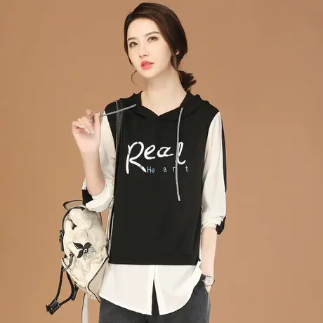 韩潮袭人假两件字母印花休闲长袖卫衣女2024春季新款宽松百搭上衣图片