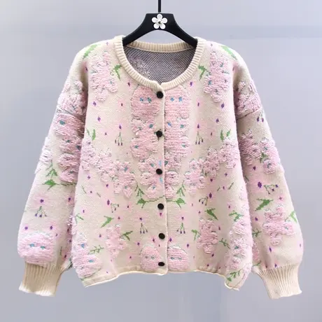 复古慵懒风花朵毛衣外套女秋冬2023新款日系宽松设计感针织开衫图片
