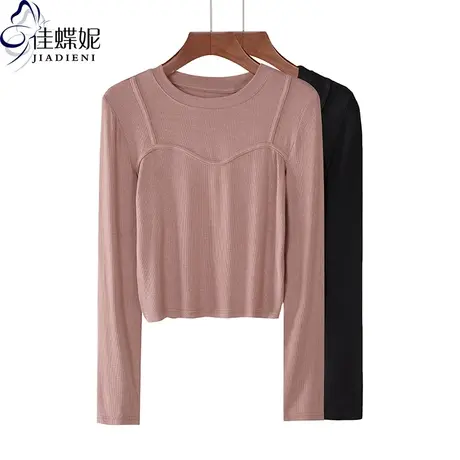 春季新款韩版圆领纯棉纯色短款高腰修身显瘦长袖体恤上衣女打底衫商品大图