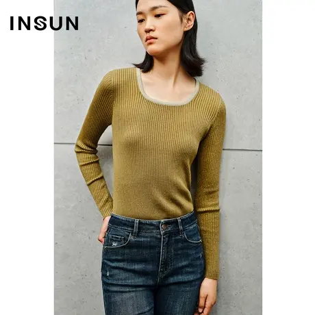 INSUN恩裳线上专选秋季方领羊毛混纺金银丝柔软针织衫商品大图