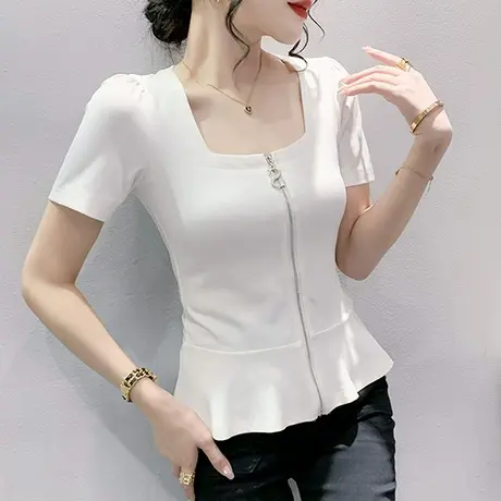 拉链开衫短袖T恤女装2024新款气质方领上衣纯色百搭修身显瘦小衫图片