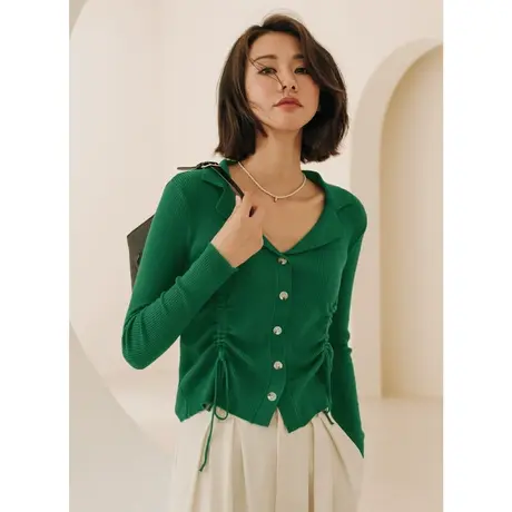 弥古复古绿色翻领针织衫小众法式抽绳上衣女春秋黑色修身短款毛衣商品大图