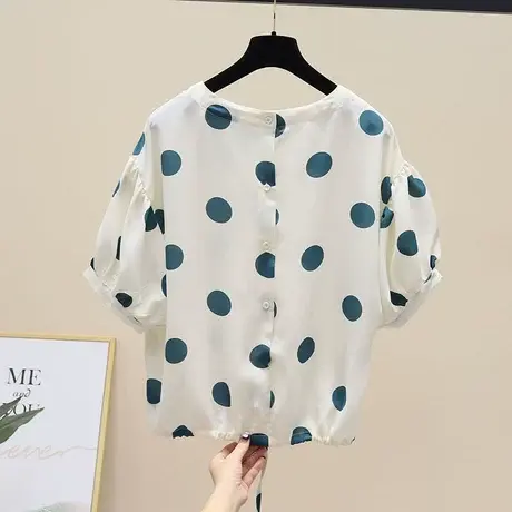 简约大圆点韩版雪纺衫圆领短袖雪纺衬衫女小衫后背扣子衬衣上衣潮图片
