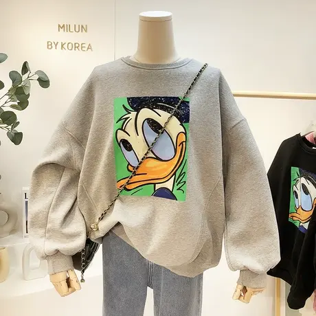 2021秋冬季款韩国东大门加绒厚卫衣亮片卡通休闲上衣保暖大码欧货商品大图