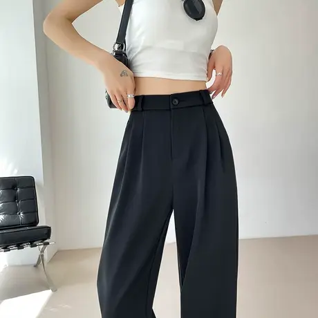 黑色冰丝窄版阔腿裤女裤子夏季薄款垂感直筒西裤显瘦休闲西装裤子商品大图