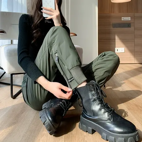 军绿色羽绒裤女冬季外穿2024年新款高腰宽松加厚保暖束脚工装棉裤图片