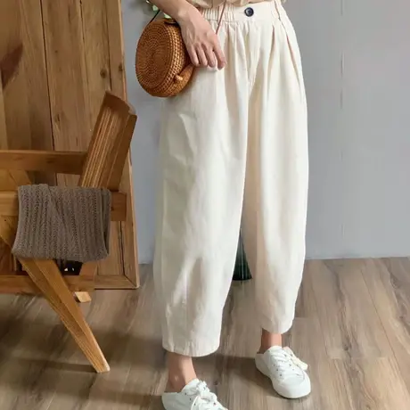 高腰显瘦纯棉九分休闲裤女2023春季新款宽松阔腿裤百搭直筒哈伦裤图片