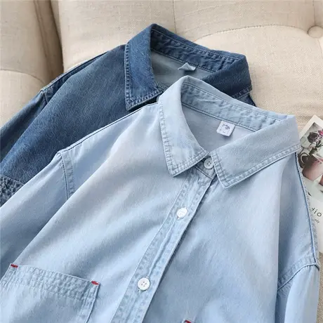 蓝色叠穿天丝棉牛仔衬衫女春新款设计感小众翻领上衣时尚百搭衬衣图片