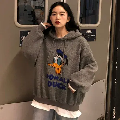 羊羔毛卫衣女假两件韩版潮宽松ins原宿bf慵懒风上衣加绒加厚外套商品大图