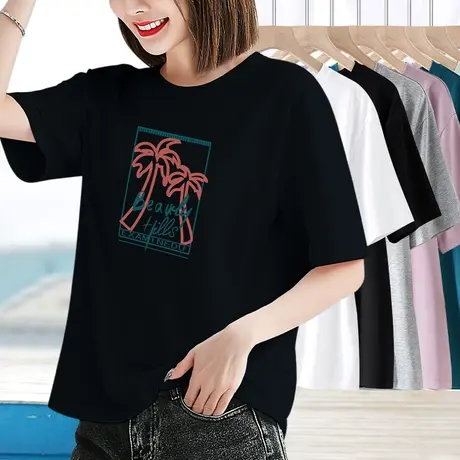 圆领短袖t恤女夏宽松休闲印花体恤夏装百搭纯棉女士上衣2024新款商品大图