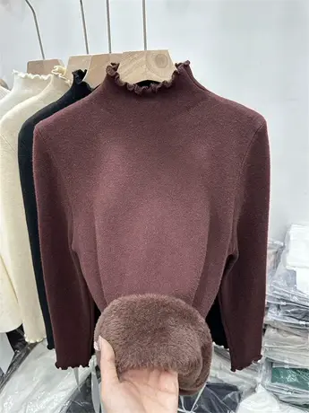 欧货半高领水貂绒加绒毛衣女秋冬加厚木耳边保暖一体绒上衣打底衫图片